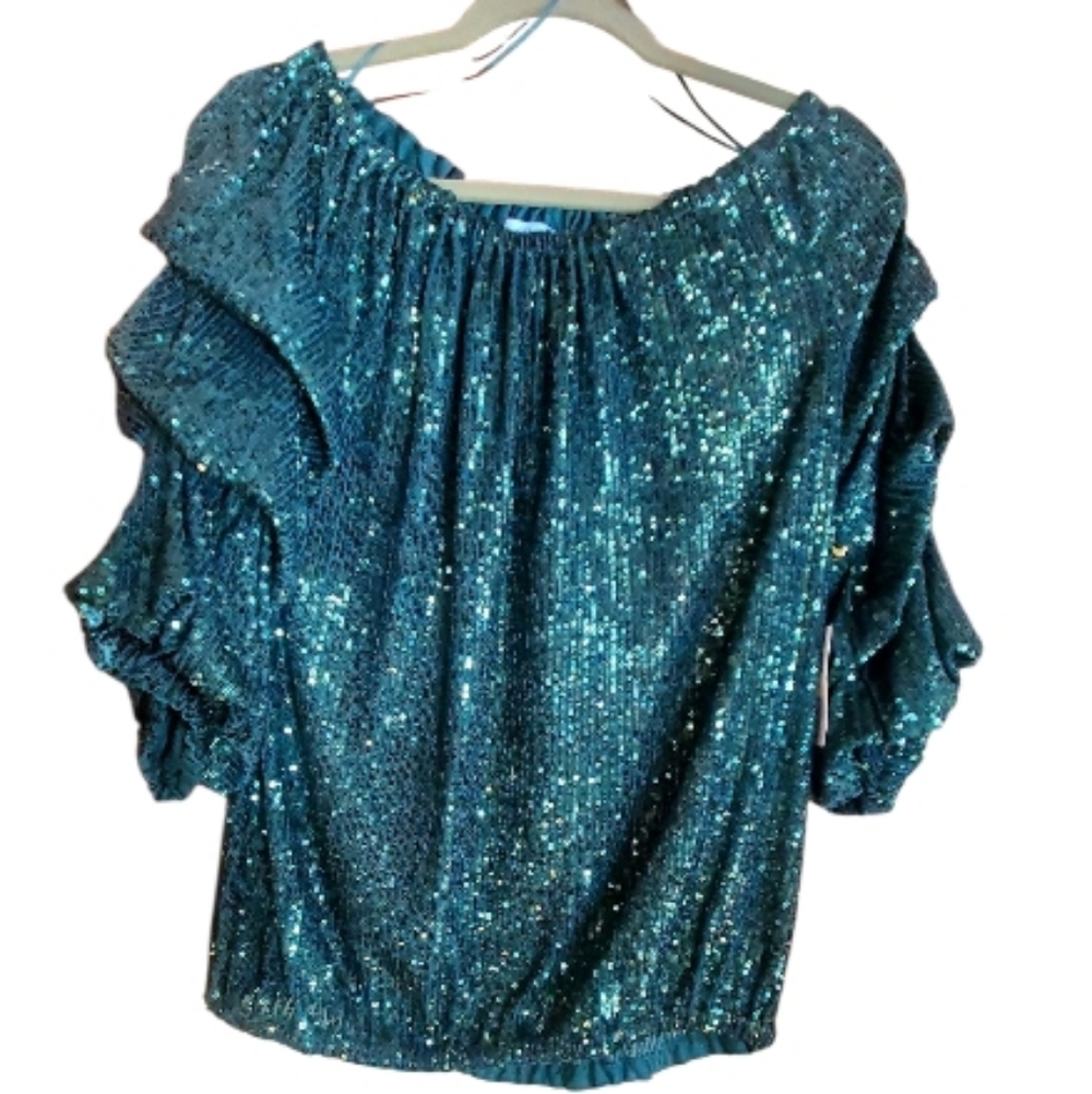 CeCe Women's Top Emerald Green Sequin Off Shoulder Holiday Party Blouson Medium